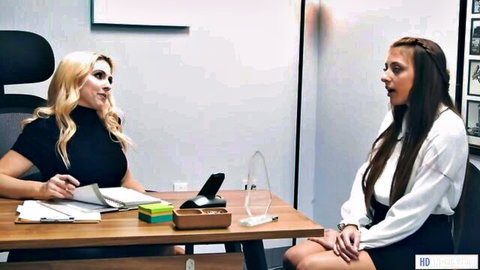 Christie Stevens and Eliza Ibarra in tense office chat, stepmom lesbian tease