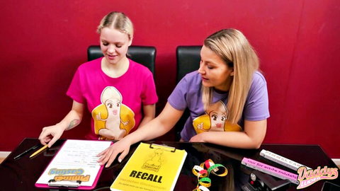 Shy blonde MILFs in dildo graphic tees during hotwife casting handjob tease