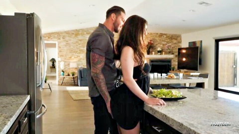 Jojo Kiss in black dress hugged from behind by man, Riley Star foursome tease