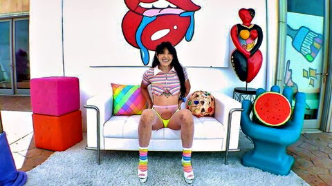 Brenna McKenna pregnant Asian beauty in striped crop top and panties, colorful socks