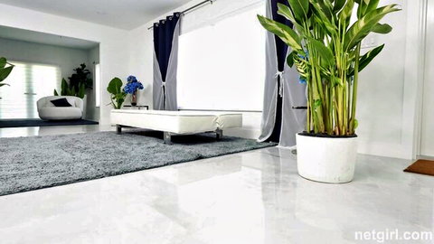 Empty luxurious modern living room interior with white couch and plants ready for intense sex
