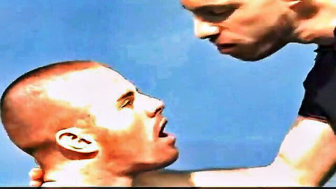Bald muscular guy with open mouth takes huge black cock deepthroat in gay blowjob