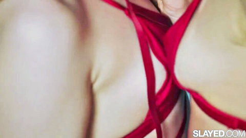 Jia Lissa and Merry Pie in red lingerie, intimate embrace