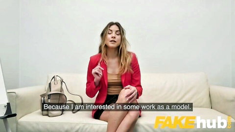 Blonde Russian beauty in red blazer teases during sensual casting interview