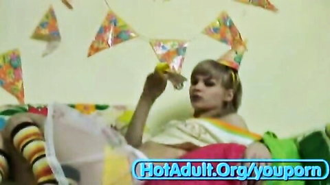 Blonde teen in tutu and party hat celebrates 18th birthday with wild oral fun
