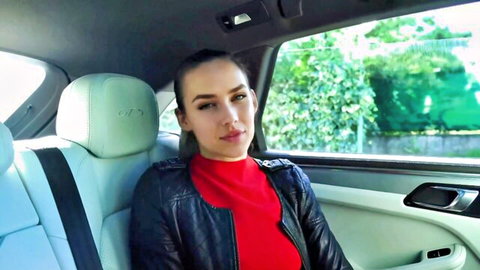 Amateur French Claudia in leather jacket, teasing in car backseat