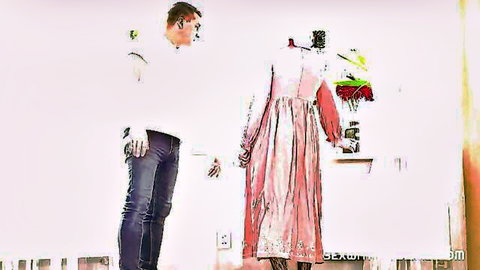 Busty wife in pink hijab dress holds hands with man