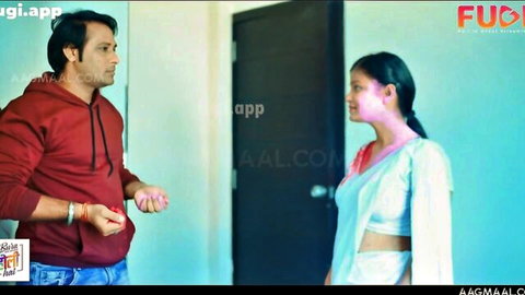 Indian Desi woman in white saree with man in casual talk, teasing preview