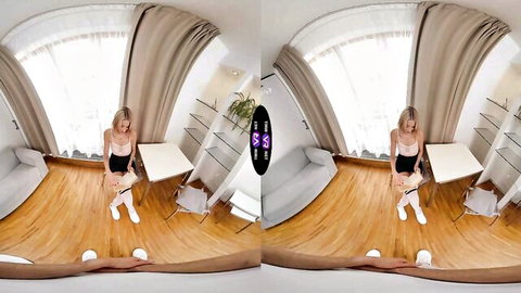 Blonde babe bends over showing perfect ass in tight black shorts white socks sneakers