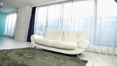 Two Japanese teens' tight asses stretched post-school on white sofa