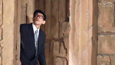 Miina Konno in sexy black suit and tie in ancient ruins adventure