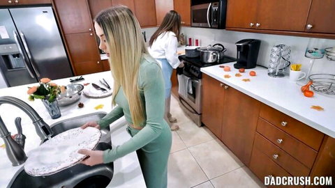 Khloe Kapri in tight green dress washing dishes in kitchen with stepmom