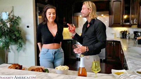 Busty MILF Elizabeth Skylar chats in kitchen, Briana Moon threesome preview