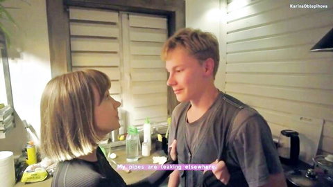 Karina Oblepihova flirts with plumber in kitchen, teasing leaks