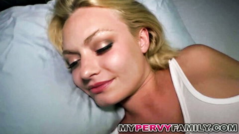 Blonde stepdaughter sleeping in white tank top, perky tits visible
