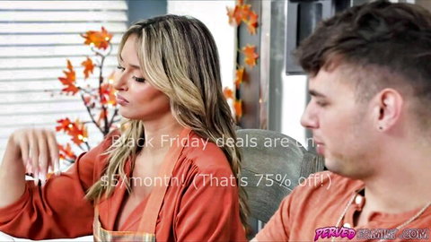 Blonde in sexy apron and lingerie teases with young stud during Pornhub Black Friday sale