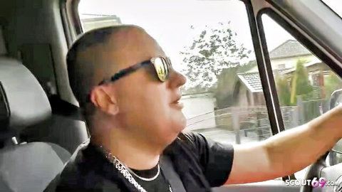 Bald man driving van in Ashley Cumstar's wild gangbang scene