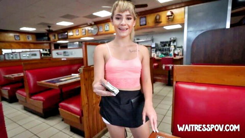 Blonde waitress in tight pink top and tiny black skirt teases in diner booth POV