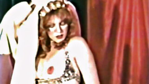 Vintage bride cosplay babe with hard nipples poking through sparkly top grabbed by man