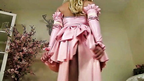 Busty blonde in pink frilly dress teasing tight ass from behind