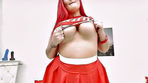Olivia Stark exposes huge tits in red cheerleader top and skirt