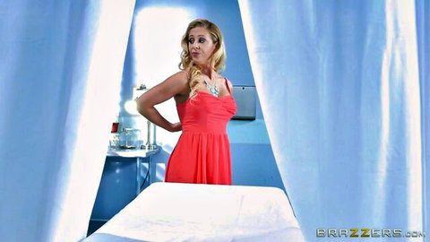 Cherie DeVille in sexy red dress teases in kinky doctor office, bubble butt view
