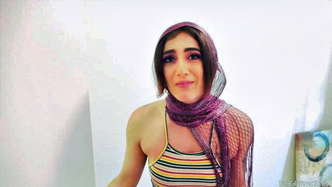 Jezebeth in sheer purple hijab and striped top, Arabic student tease