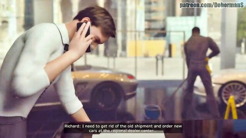 Businessman in suit on phone at car dealership, discussing shipment