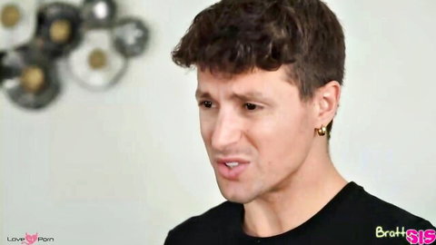 Young man with curly brown hair, earring, in black shirt, stepsister fantasy teaser