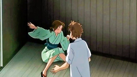 Hentai babe in green kimono bound on floor giving oral to man