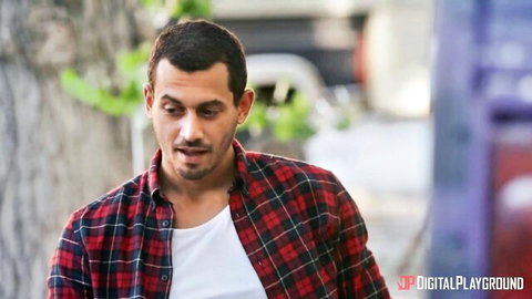 Handsome man in plaid shirt outdoors, teaser for Brazzers petite babes gangbang with Kristen Scott and more