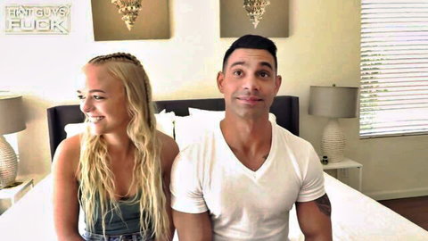 Marcus and smiling blonde Yankee couple on bed before massive dick doggy and cowgirl