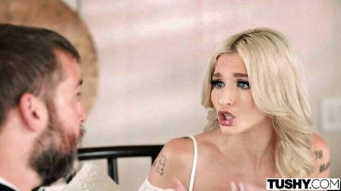 Emma Rosie blonde MILF in intimate chat with bearded stud, white top tease