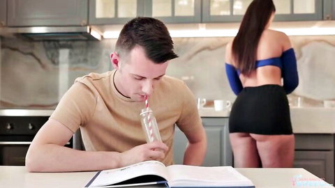 Jennifer Mendez as curvy stepmom in mini skirt teasing in kitchen scene