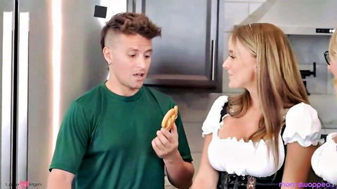 Blonde busty stepmom in Oktoberfest dirndl teases with big tits and young guy