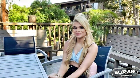 Destiny Cruz blonde Latina smiling in crop top for raw blowjob video