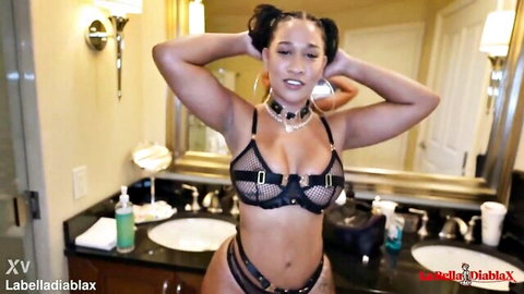 LaBellaDiablaX in sexy black lace lingerie, curvy ebony babe posing seductively