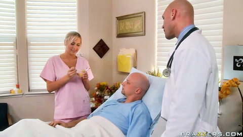 Busty blonde nurse Alanah Rae with doctor by hospital bed patient
