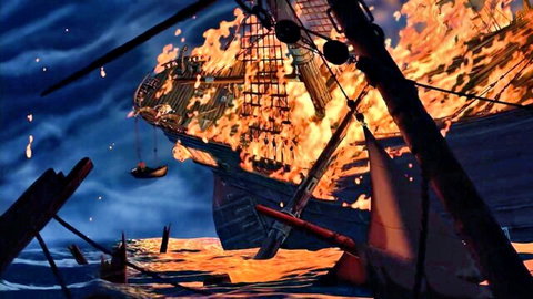 Burning pirate ship engulfed in flames on stormy dark ocean waves