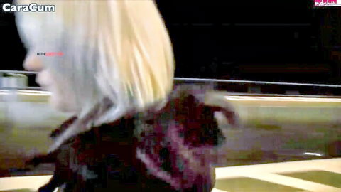 CaraCum blonde in black fur jacket on night street POV tease