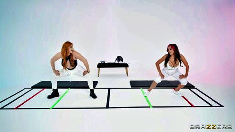 Busty redhead babes in tight white outfits squat spreading legs wide showing big tits and asses