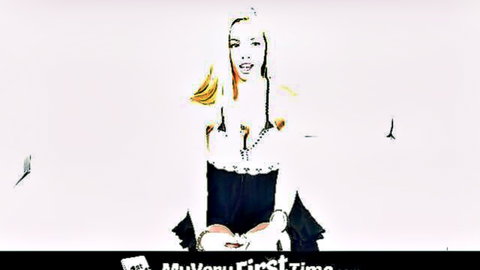 Seductive blonde Miley posing teasingly in black frilly dress with necklace for her first time