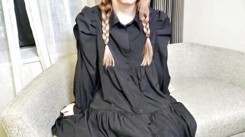 Hot babe with long braids in black puffed-sleeve dress, teasing before group pounding