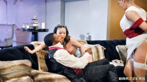 Lulu Chu topless with Isiah Maxwell, Ryan Keely in white dress joins threesome
