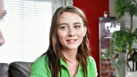Skinny stepsis Veronica smiling in green top, teasing stepbro fantasy