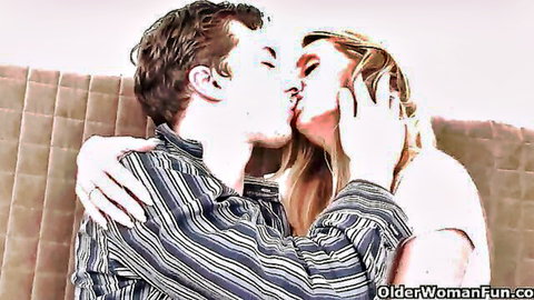 Blonde busty MILF passionately kissing handsome man on couch