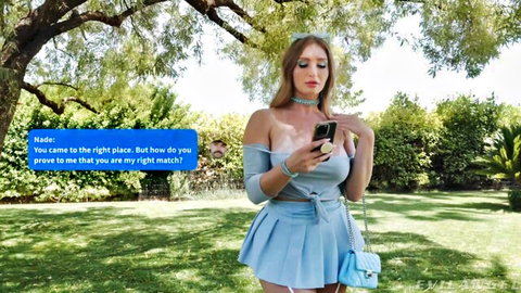 Skylar Snow blonde bombshell in sexy blue skirt teasing in park