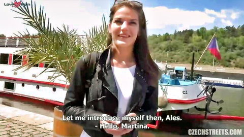 Martina shy Czech girl outdoor intro in leather jacket, smiling by river