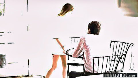 Blonde stepdaughter in short white dress teases seated stepdad from behind