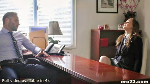 Petite blonde schoolgirl fucks shaved pussy with clear dildo as bearded teacher watches in office